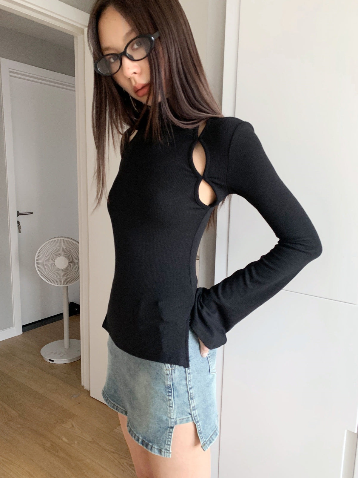 Mock Neck Ribbed Long Sleeve Cutout Top