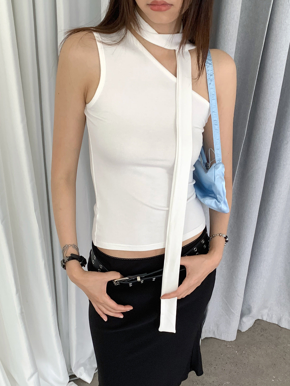 One Shoulder Mock Neck Scarf Tank Top