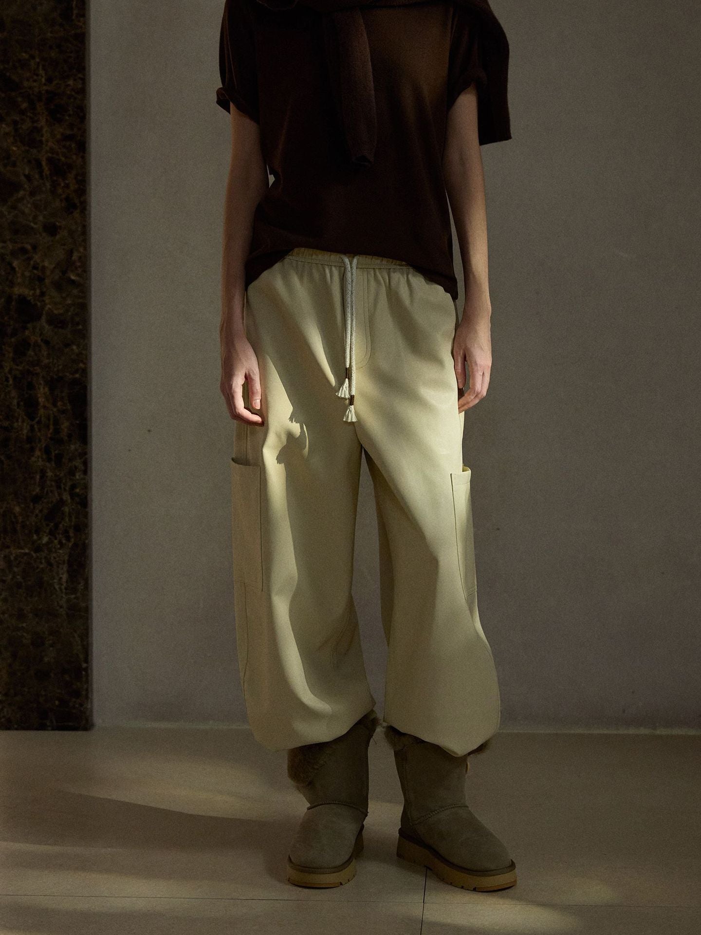 PU Leather Barrel Leg Drawstring Cargo Pants