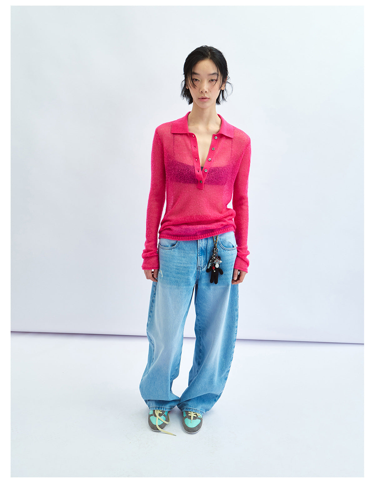 Sheer Layering Polo Collar Wool Knit Top