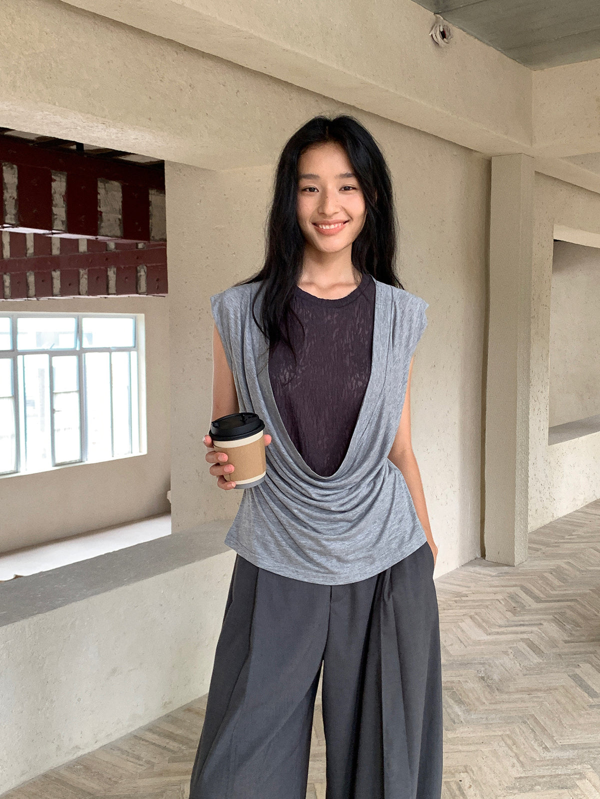 Linen Collar Colorblock Patchwork Fake Two-Piece Sleeveless Vest Top