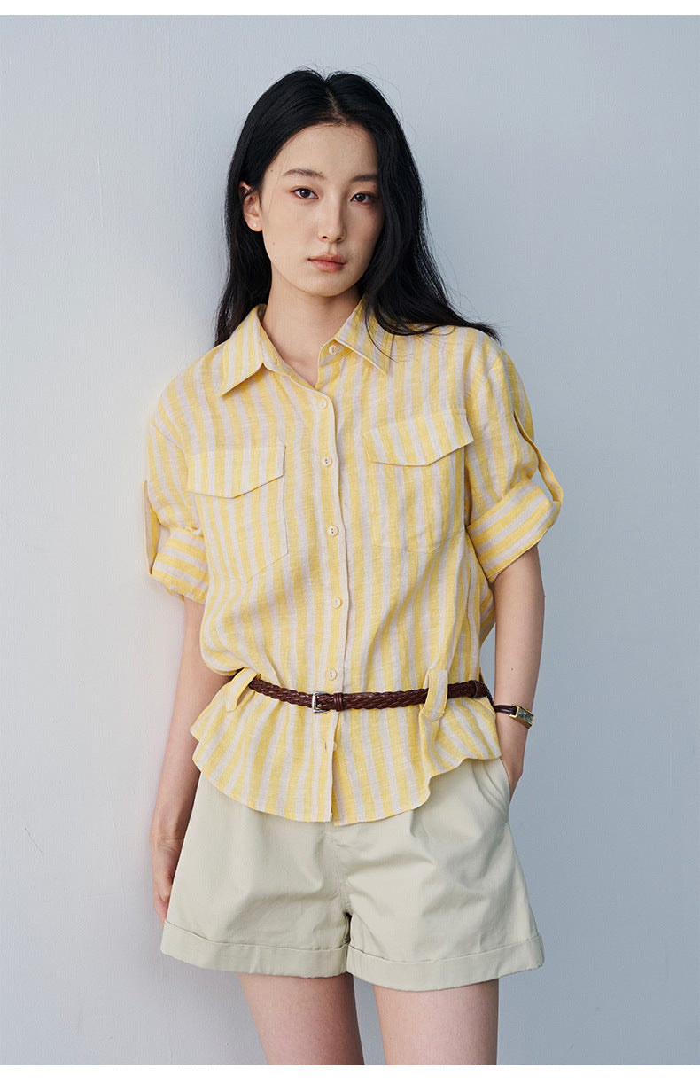 Pleated Mid-rise Rolled Edge Straight Leg Shorts
