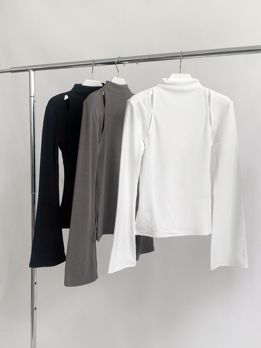 Mock Neck Ribbed Long Sleeve Cutout Top