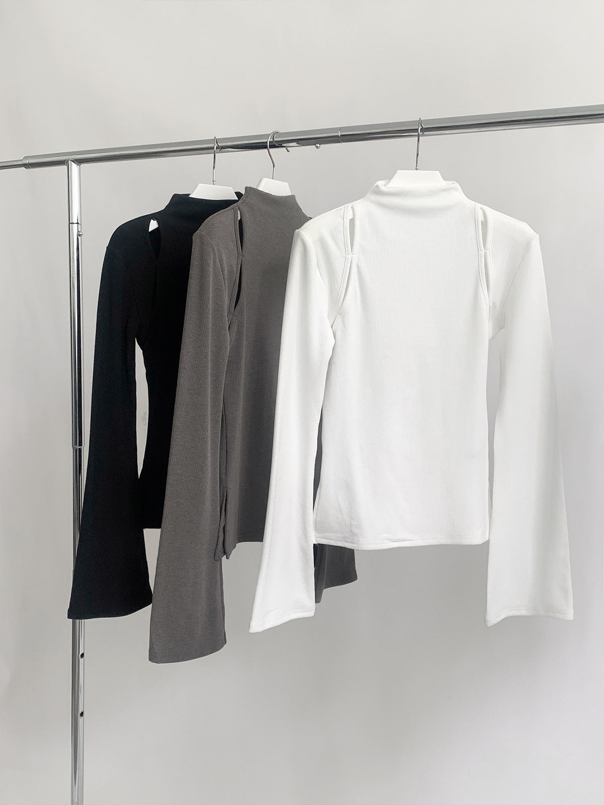 Mock Neck Ribbed Long Sleeve Cutout Top