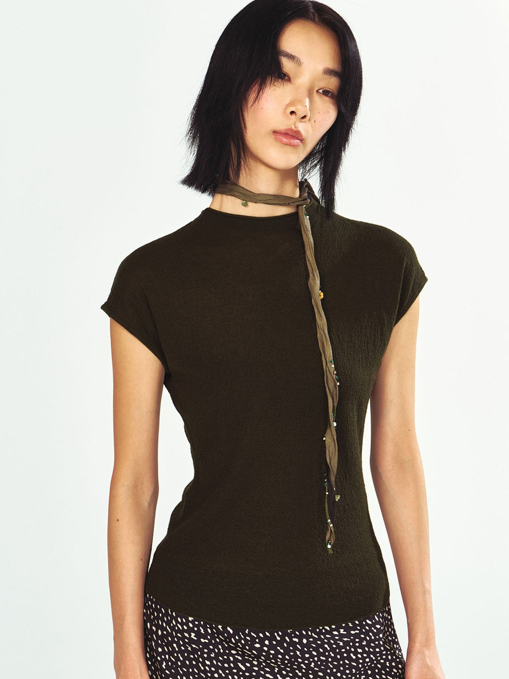 Textured Blend Short Sleeve Half High Neck Knit Top