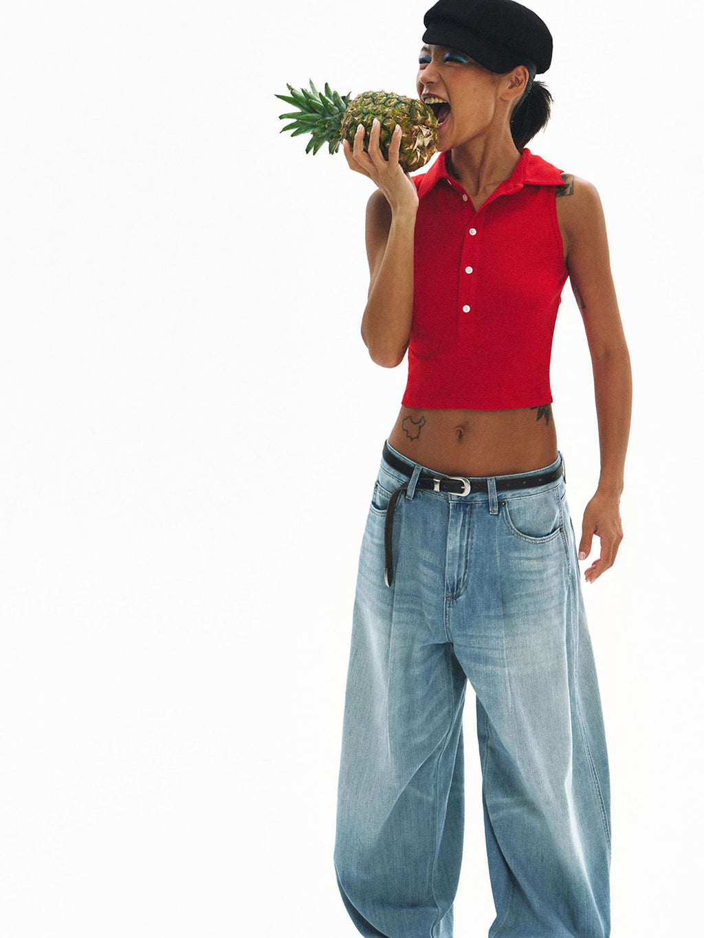 Sleeveless Polo Collar Crop Top