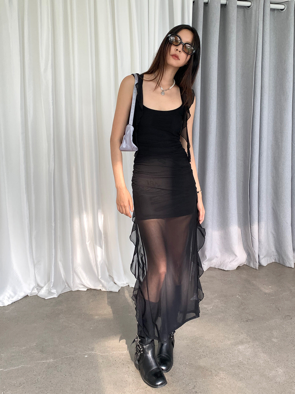 Side High Slit Ruffled Mesh Slip Dress