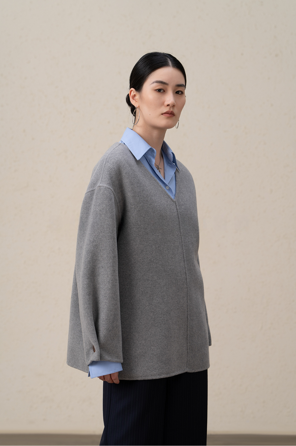 Merino Wool & Cashmere Double-Sided V-neck Coat