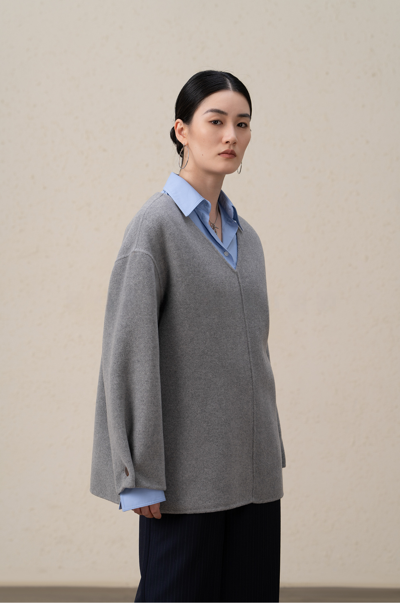Merino Wool & Cashmere Double-Sided V-neck Coat