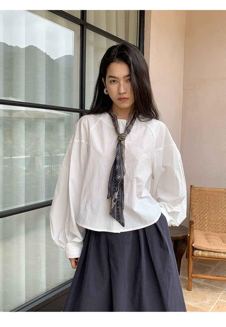 Crew Neck Long-Sleeve Elegant Tie Shirt