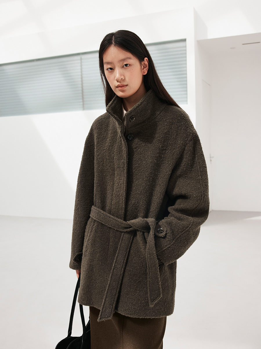 Solid Color Alpaca Warm Wool Coat with Waist Belt