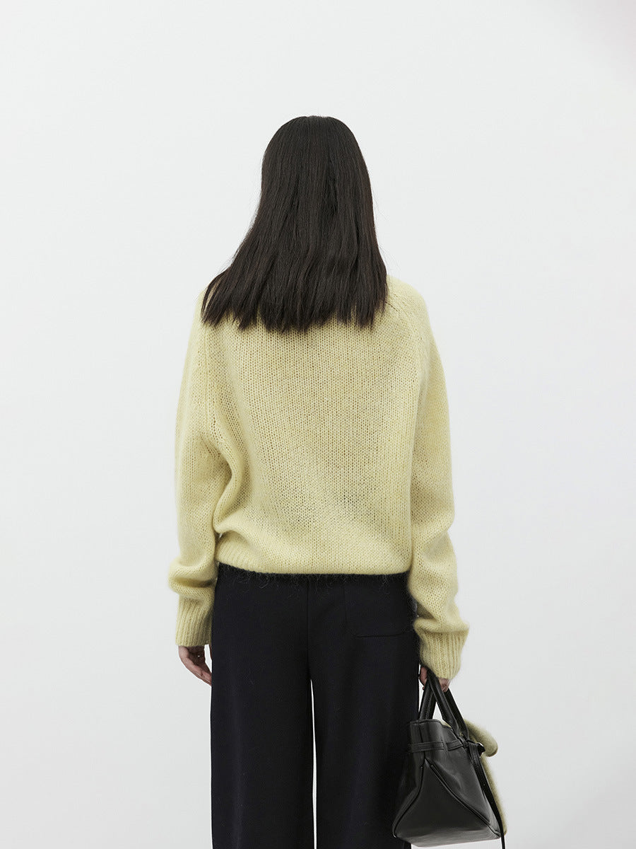 Love with Nancy Thirteen Lines Minimalist Winter Korean Style Floral Tulle V-neck Loose Thickened Warm Mohair Sweater for Women 03254