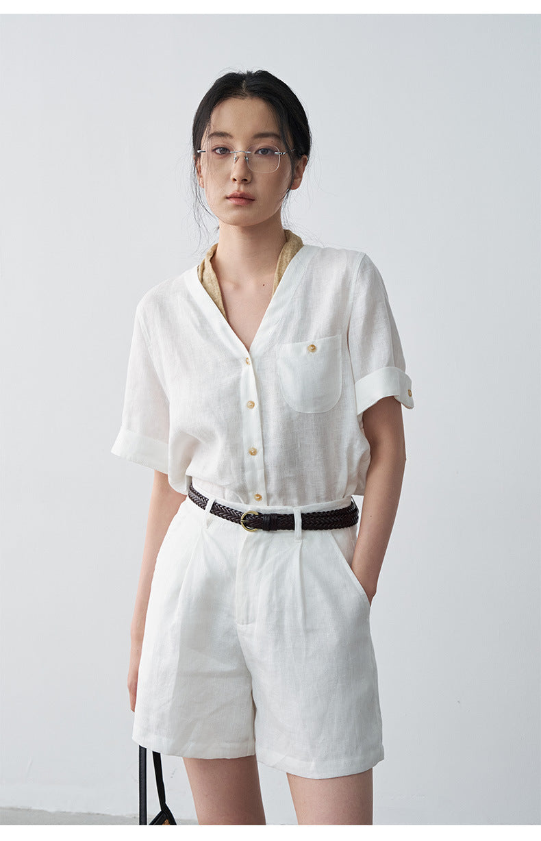 Linen Pleated Straight Casual A-Line Shorts