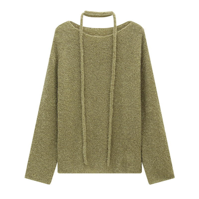 Textured Drawstring Mohair Wool Neck Knit Long-Sleeve Top