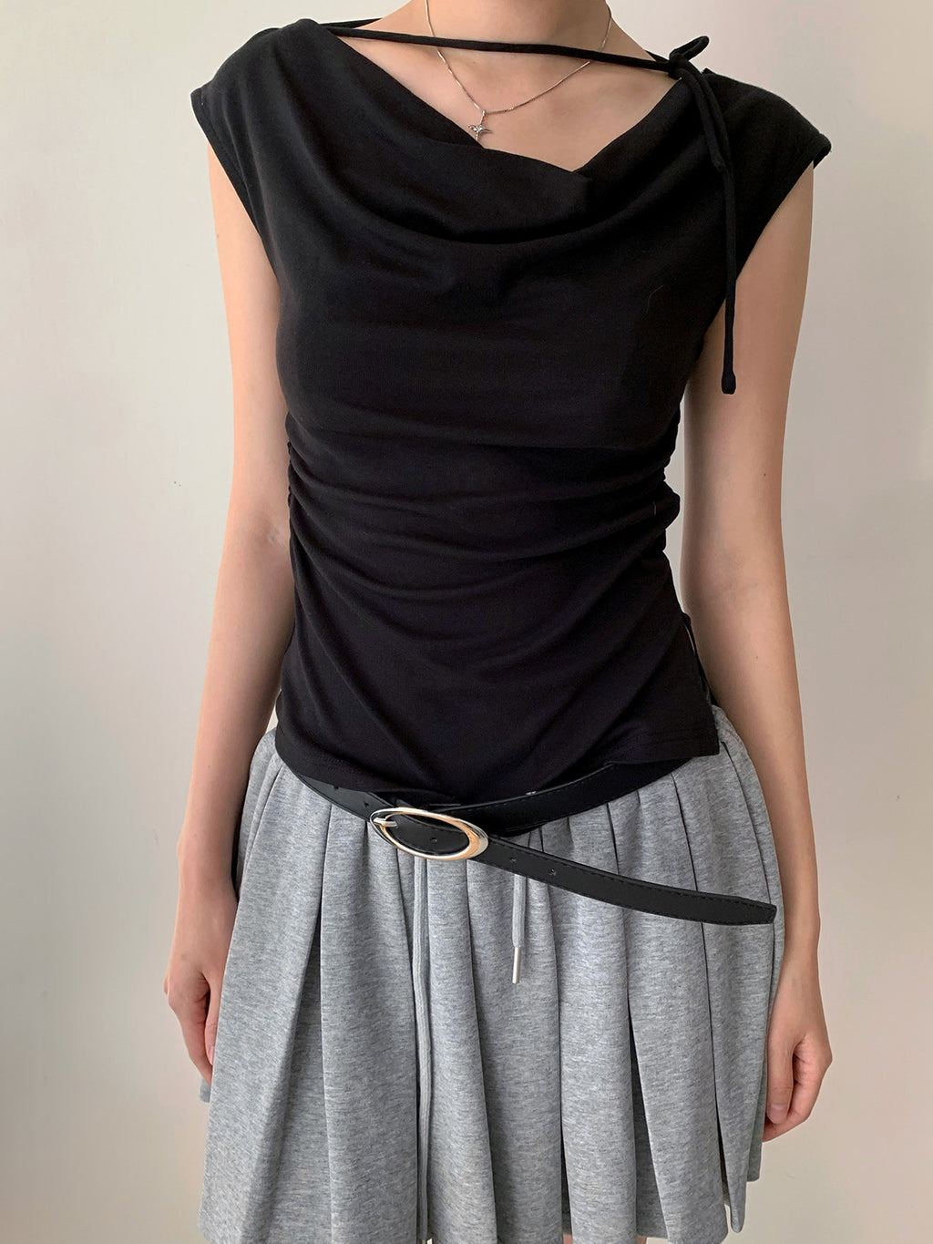 Cowl Neck Strap Detail Ruched Sleeveless Top