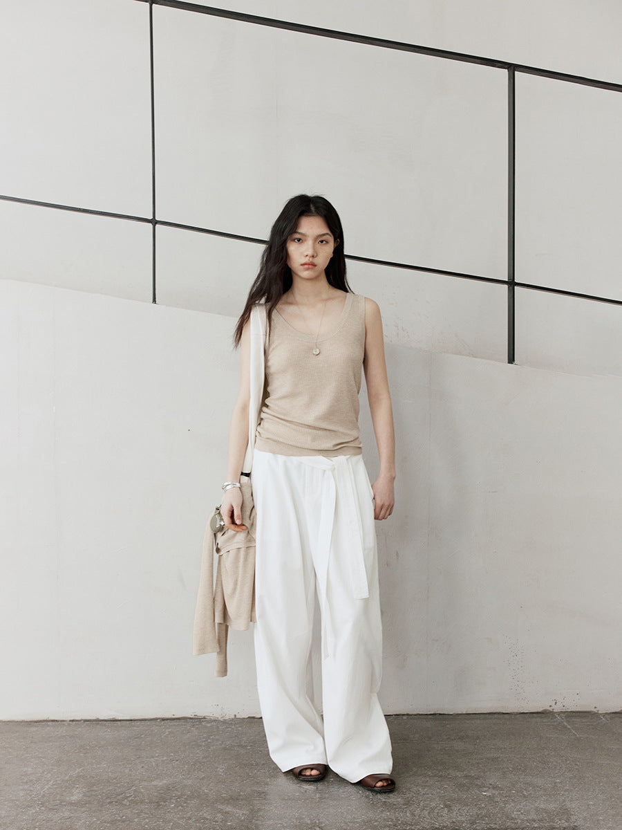 Waist Cord Belt Drape Wide-Leg Pants
