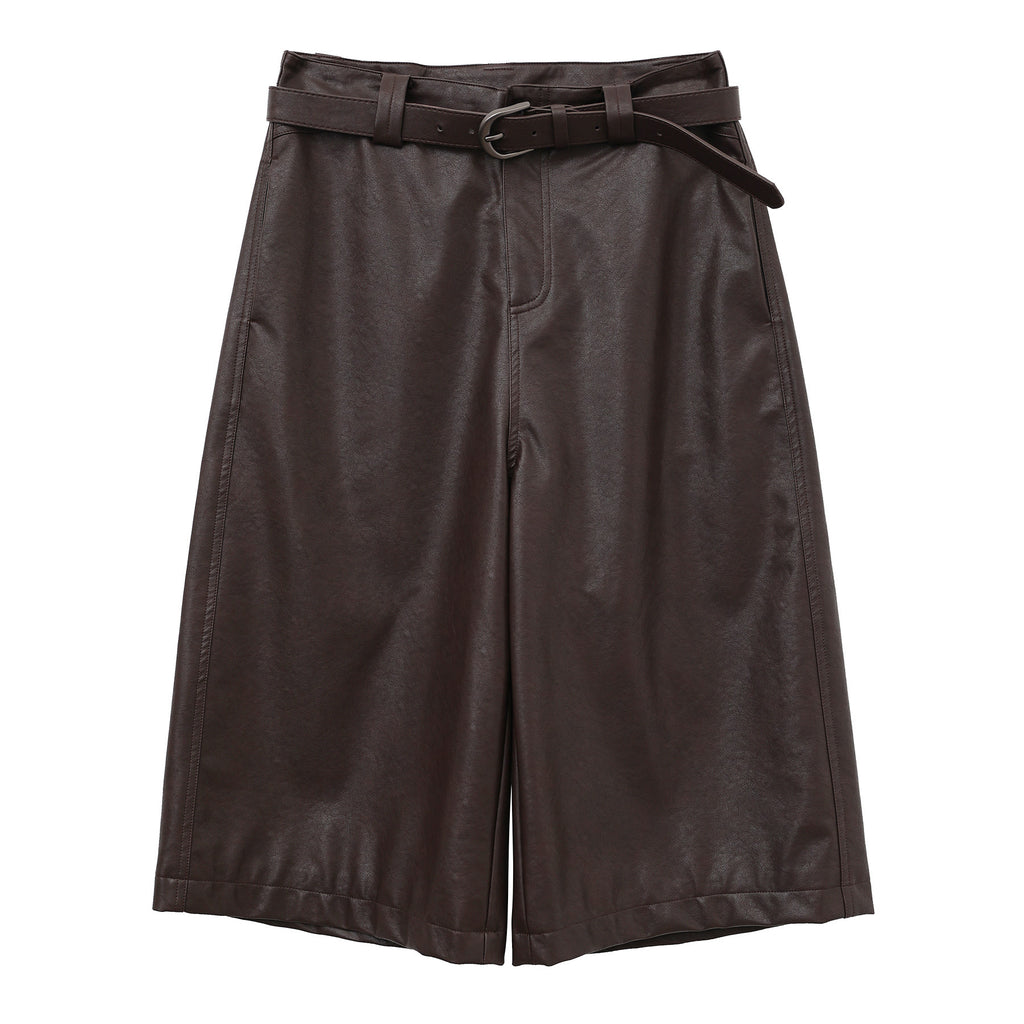 Straight-Leg PU Leather Shorts with Belt