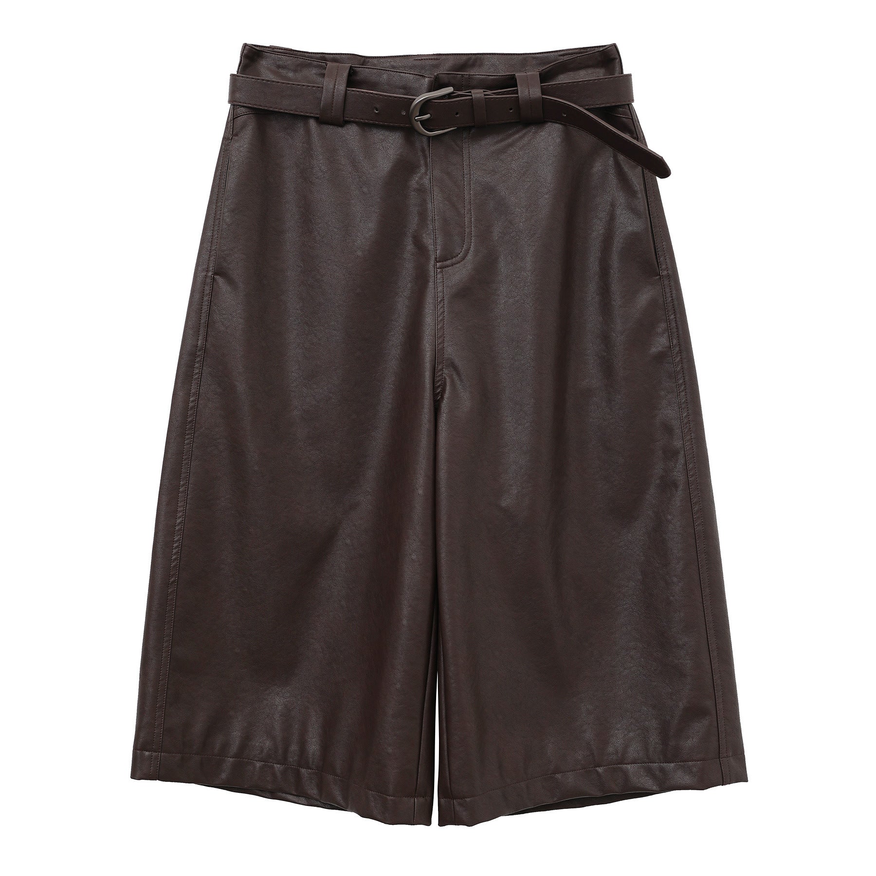 Straight-Leg PU Leather Shorts with Belt