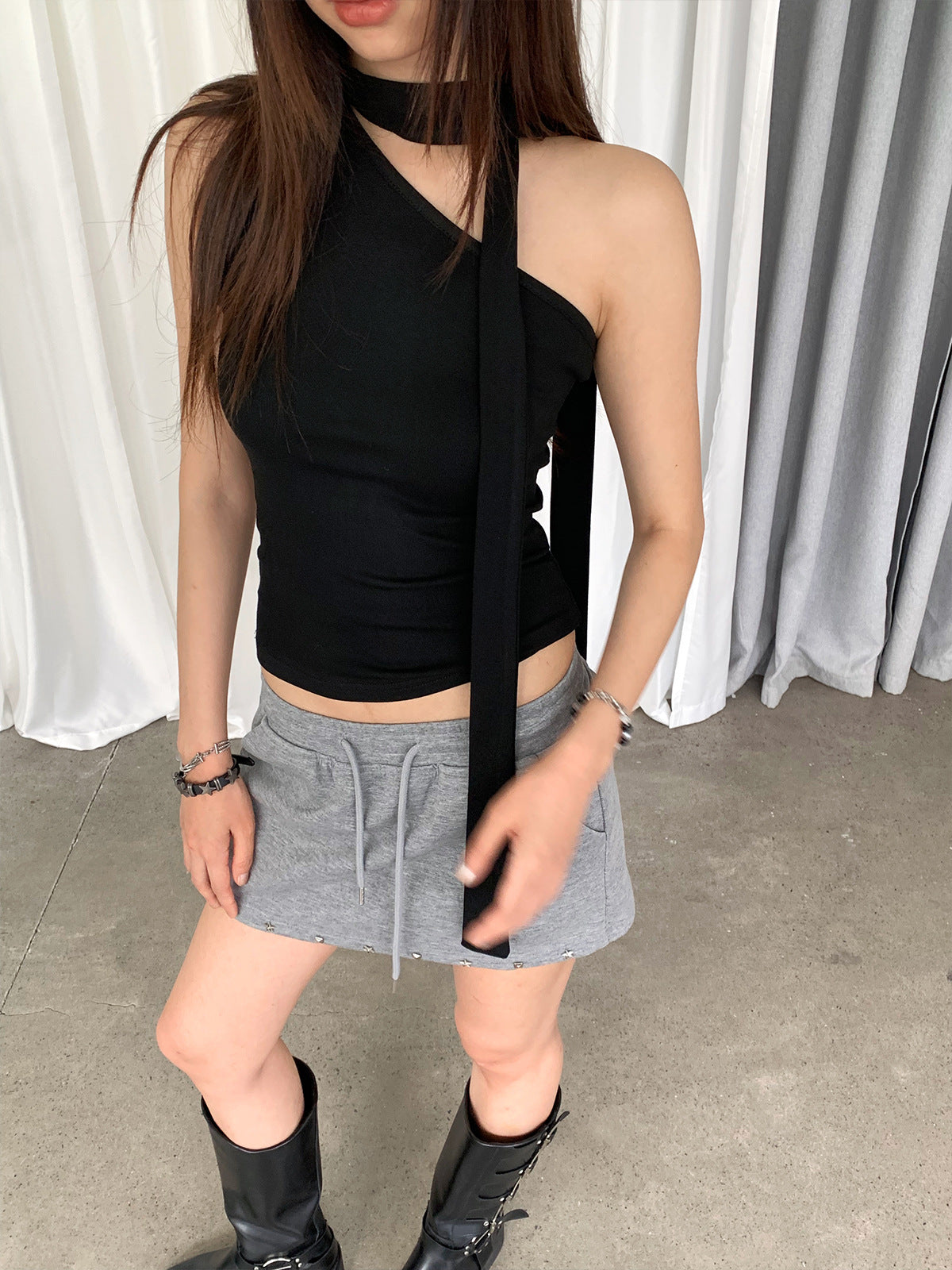 One Shoulder Mock Neck Scarf Tank Top