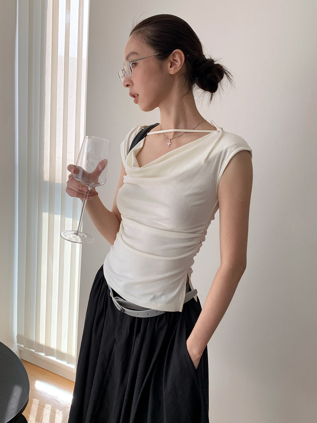Cowl Neck Strap Detail Ruched Sleeveless Top