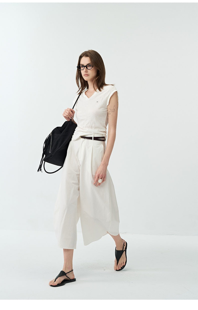 Minimalist Curved Pleated Lightweight Breathable Wide-leg Pants