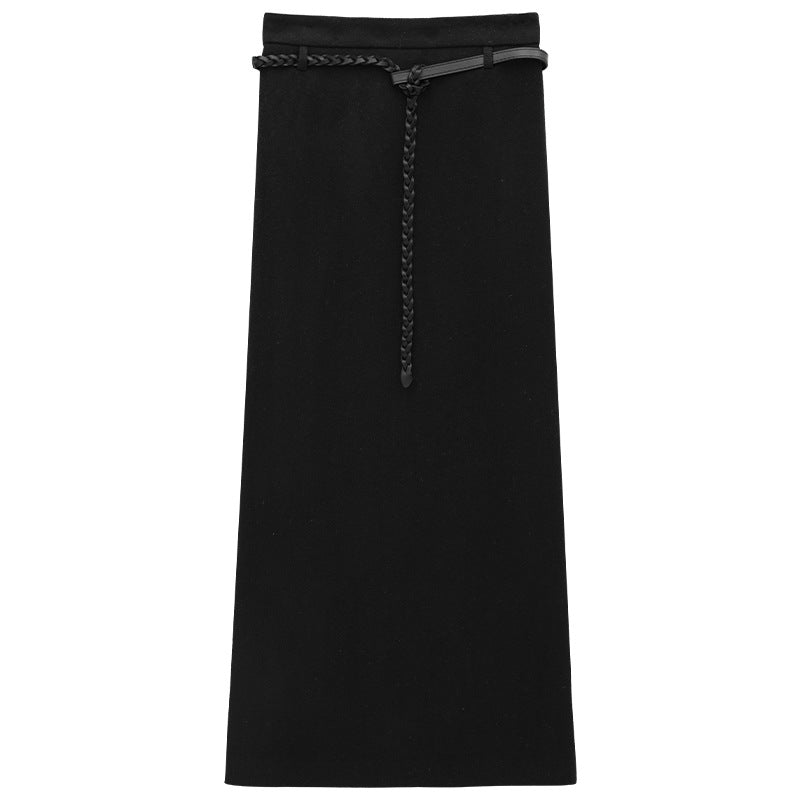 Hepburn Style Wool Straight Cut Maxi Skirt with Stylish Rope Belt