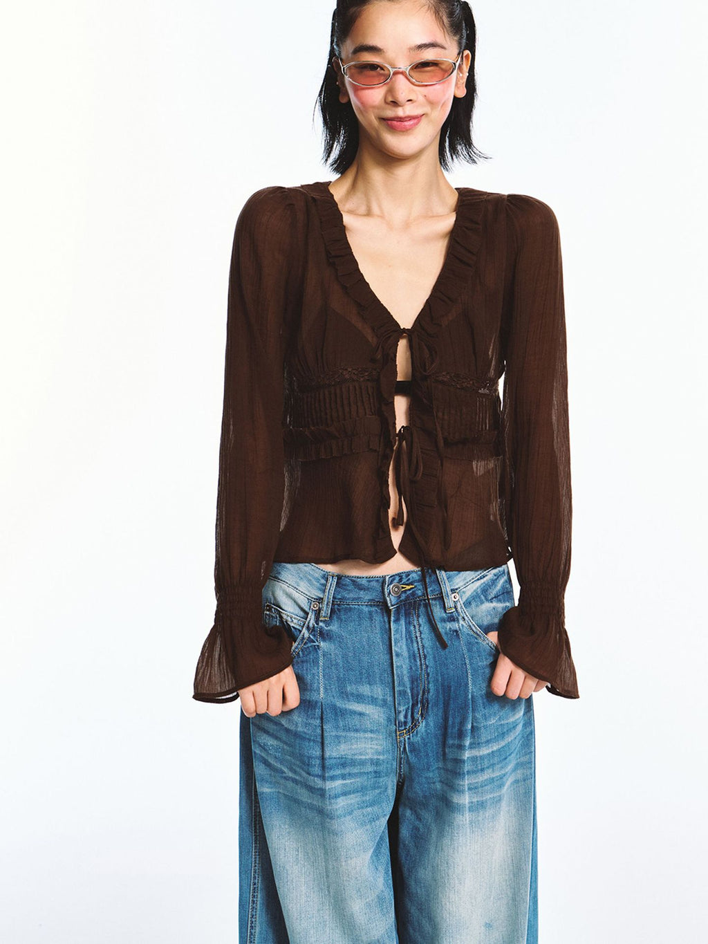 Translucent Lace V-neck Lantern Sleeve Cardigan Shirt