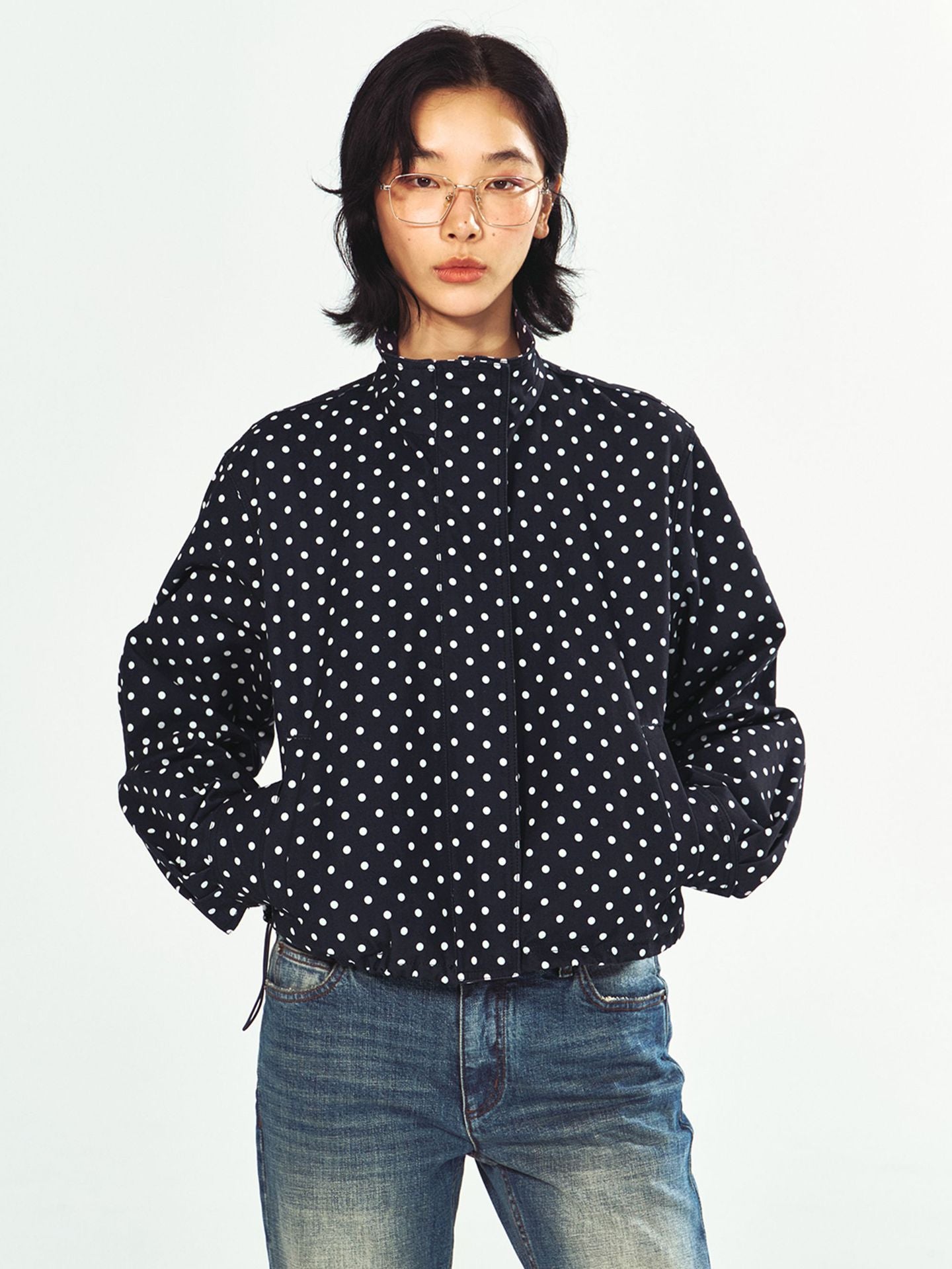 [Shishi Black Label] New Stand Collar Polka Dot Hem Cinched Drawstring Long Sleeve Zip-Up Jacket for Women V63217