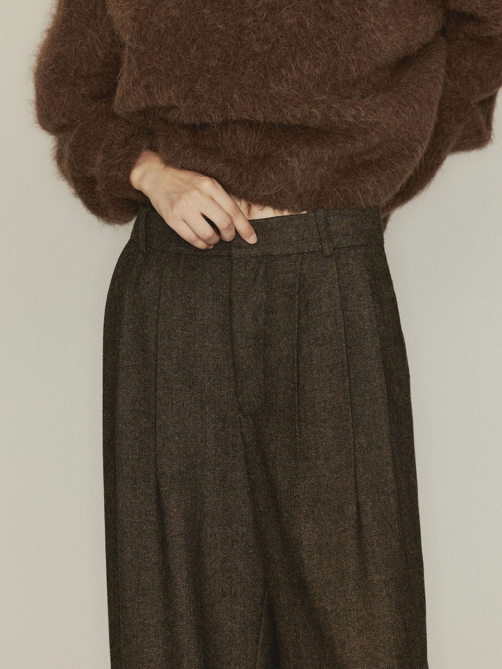 Versatile Herringbone Wool Blend Low-waisted Casual Trousers