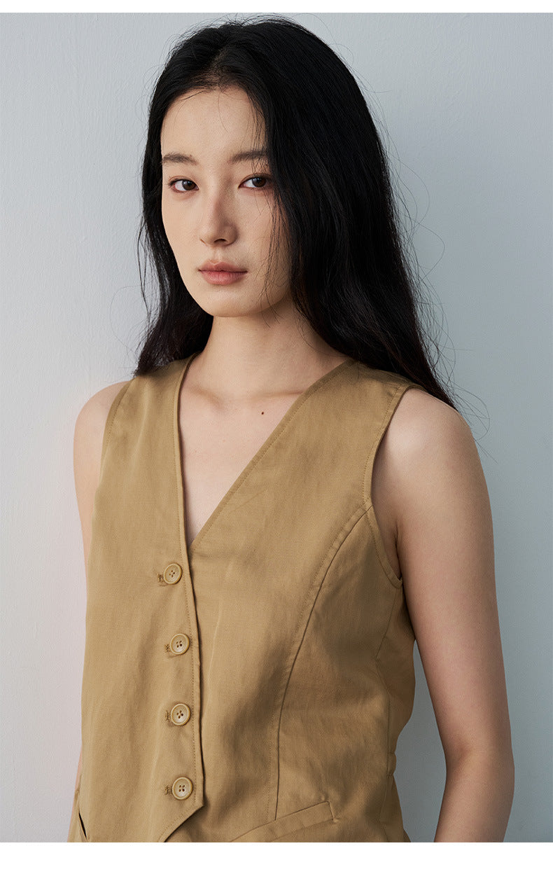 Minimalist Tencel V-neck Diagonal Vest Waist-cinching Sleeveless Top