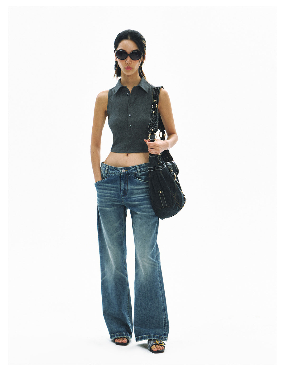 Sleeveless Polo Collar Crop Top