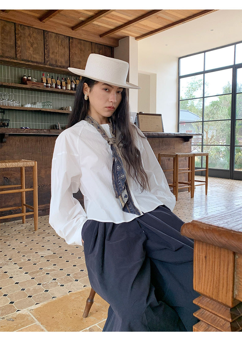 Crew Neck Long-Sleeve Elegant Tie Shirt