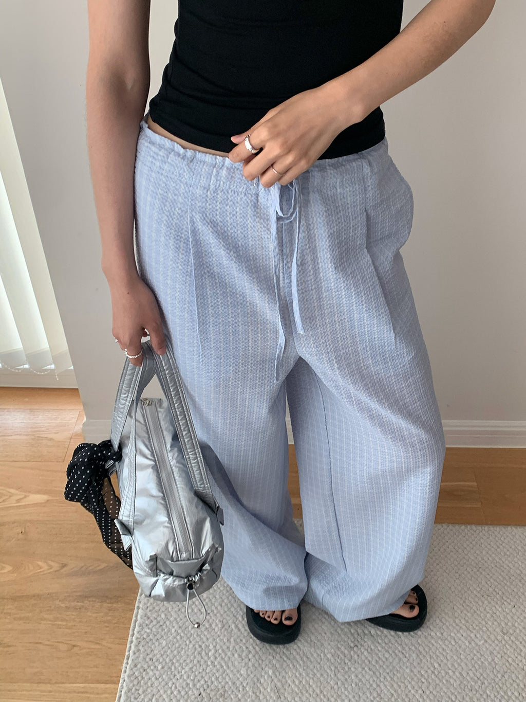 Drawstring Plaid Wide-leg Low-rise Pants