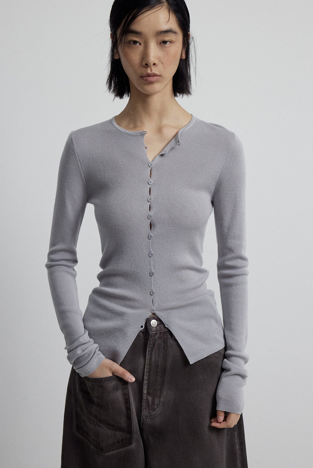 Close-fitting Wool Blend Long-sleeved Knit Single-breasted Cardigan Top