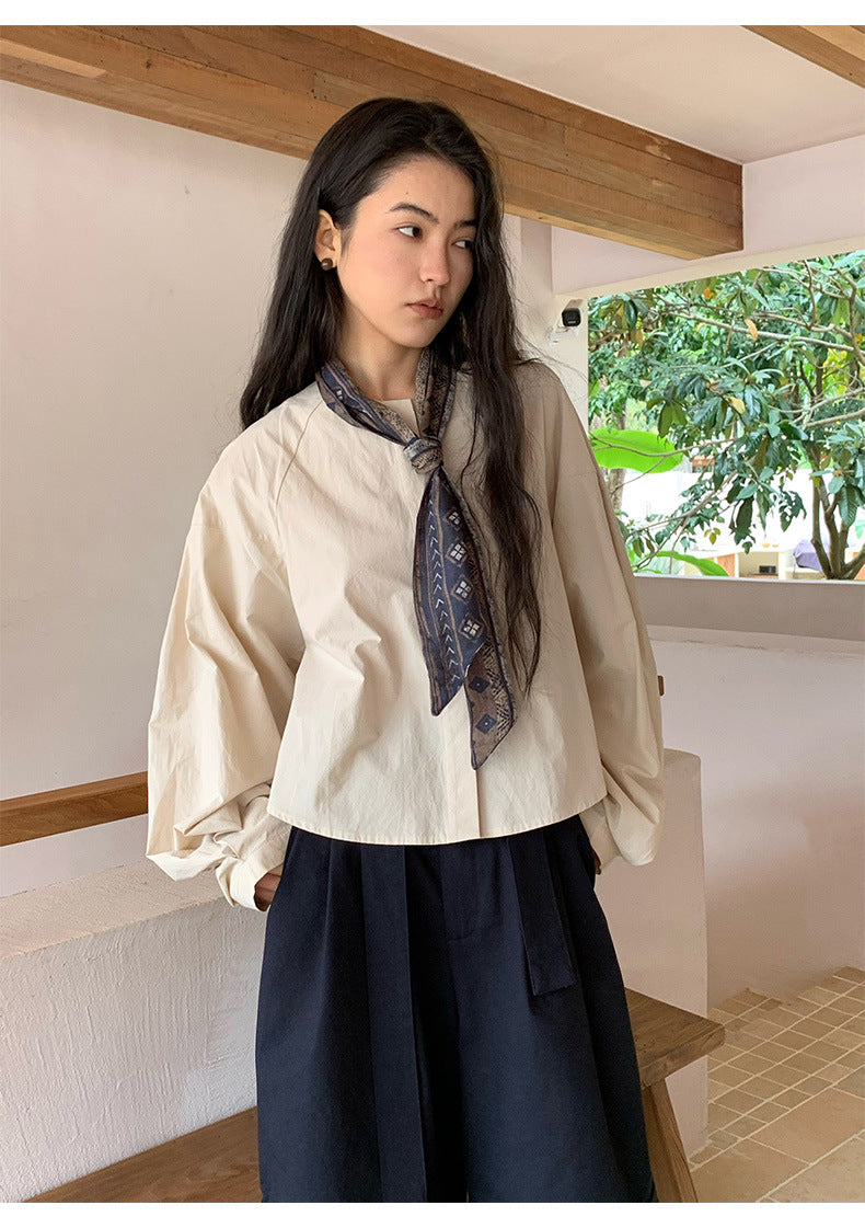 Crew Neck Long-Sleeve Elegant Tie Shirt
