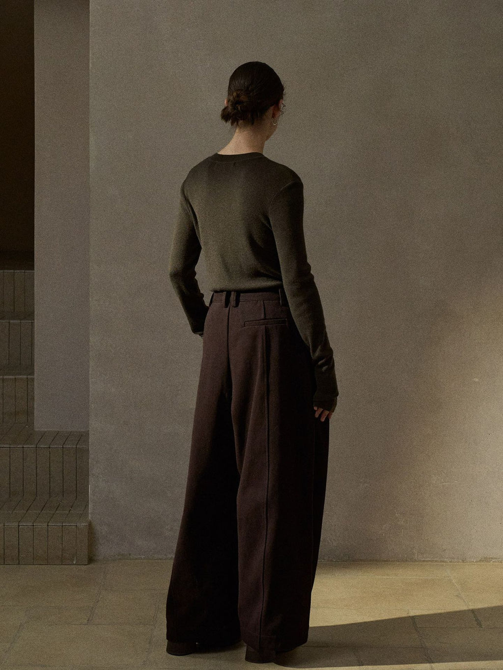 Twill Brushed Fleece Pleated Wide-Leg Pants