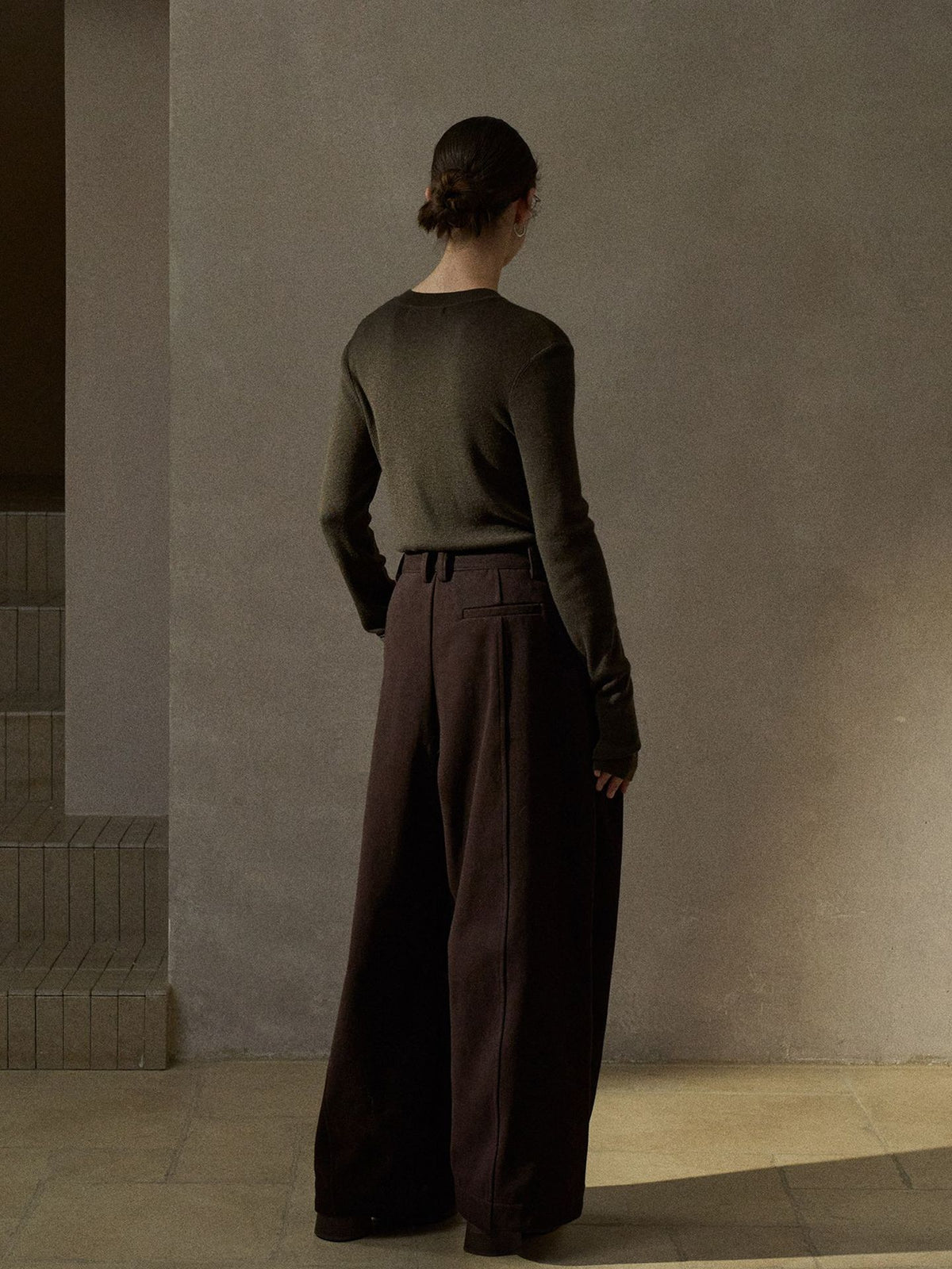 Twill Brushed Fleece Pleated Wide-Leg Pants