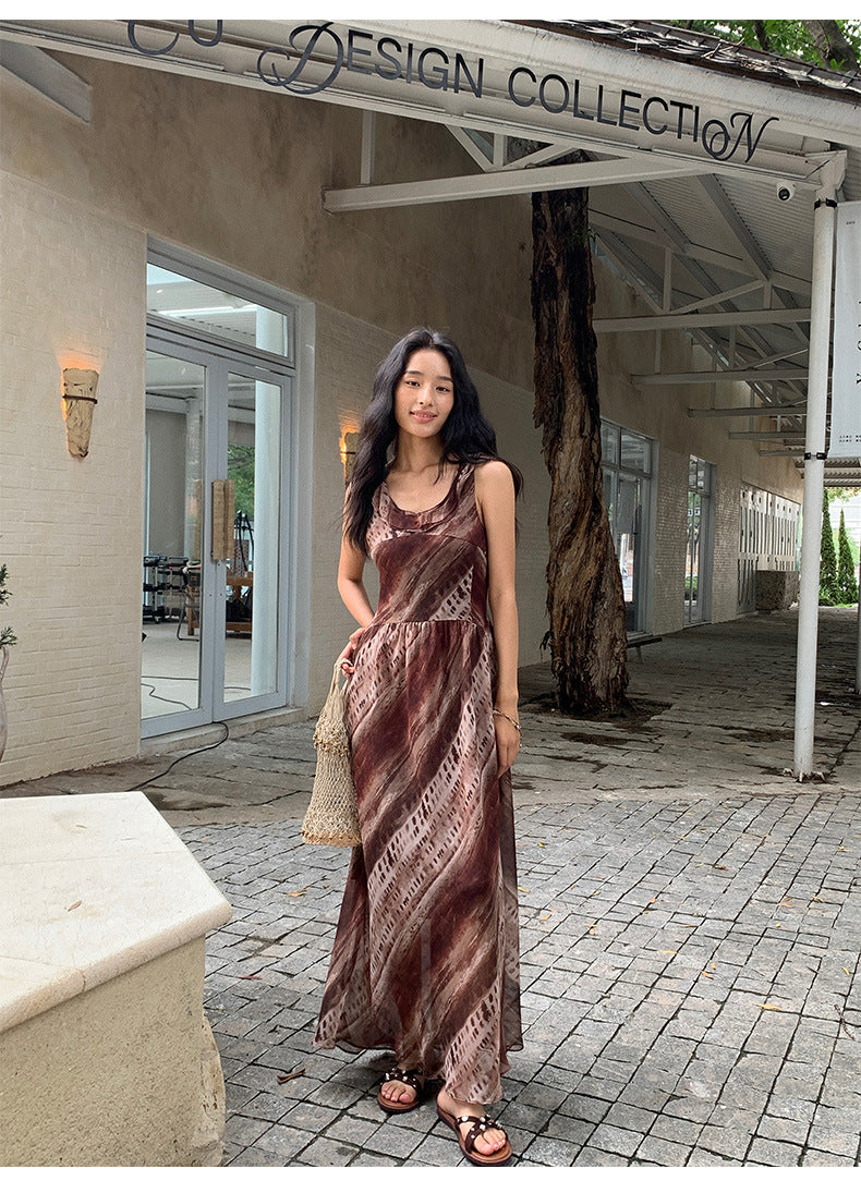 Leaf U-Neck Spaghetti Strap Backless Tie-Up Long Dress