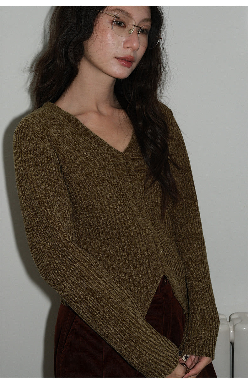 Frog Button V-Neck Striped Long-sleeve Slim-Fit Sweater