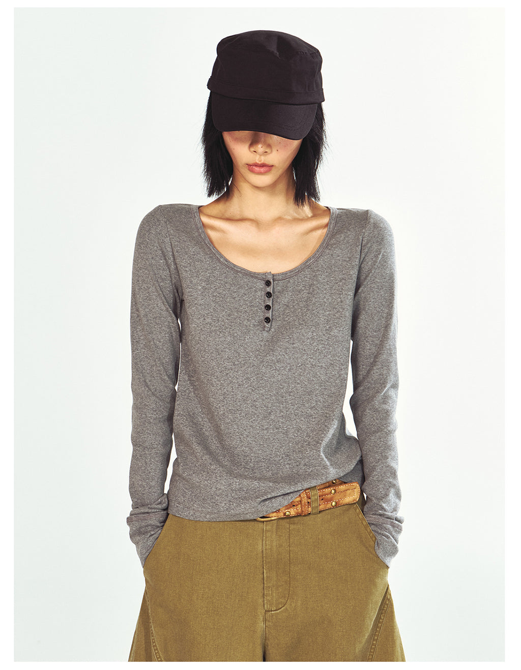 Skin-Friendly U-Neck Long Sleeve Shirt