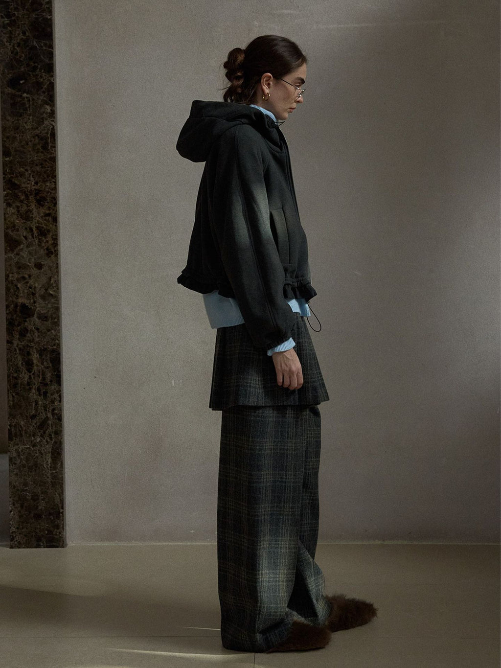 Wool Vintage Style Plaid Pleated Wide-Leg Pants (Pants Only)