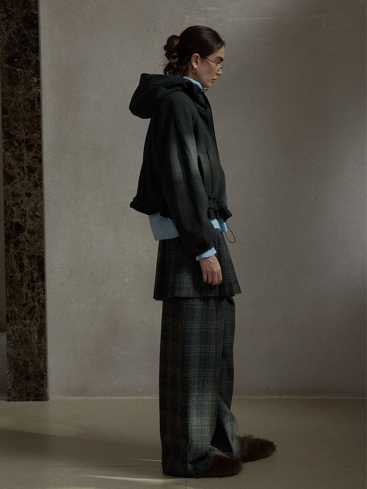 Wool Vintage Style Plaid Pleated Wide-Leg Pants (Pants Only)