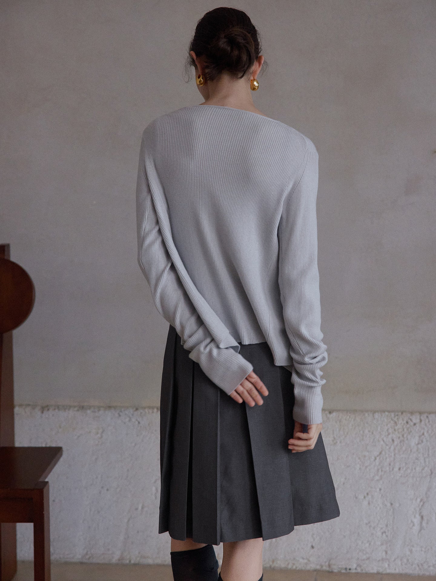 Raw Edge Contrast Classic Pleated Midi Skirt