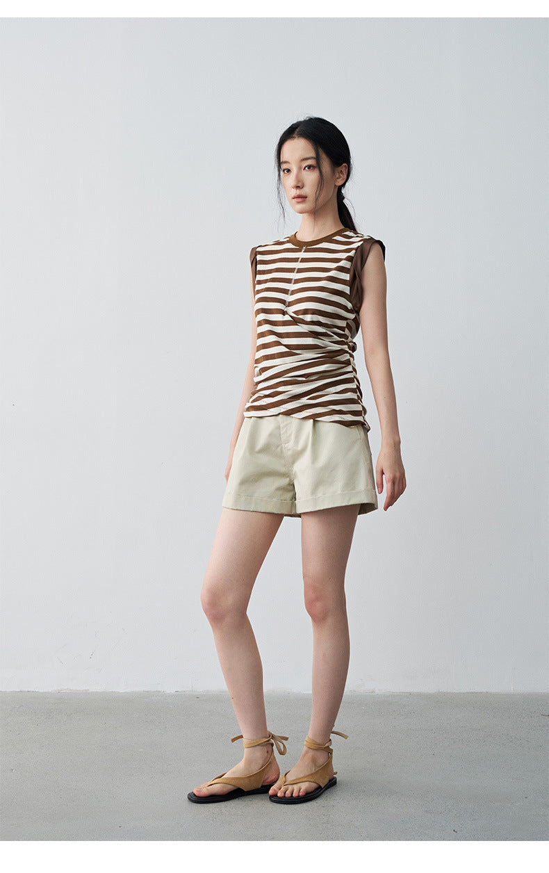 Pleated Mid-rise Rolled Edge Straight Leg Shorts