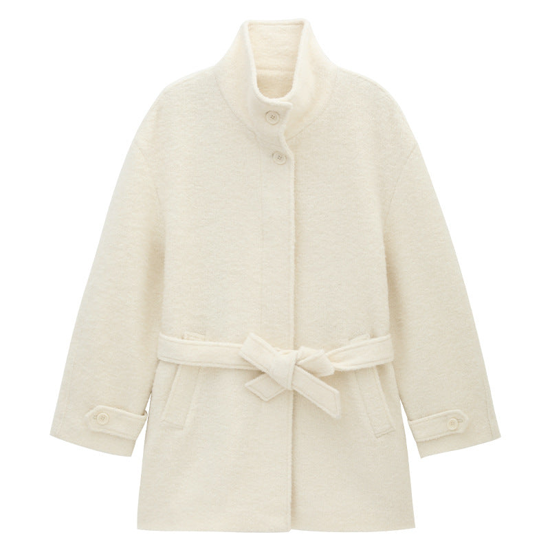 Solid Color Alpaca Warm Wool Coat with Waist Belt