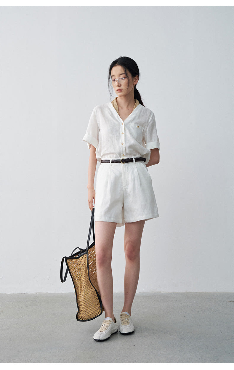 Linen Pleated Straight Casual A-Line Shorts