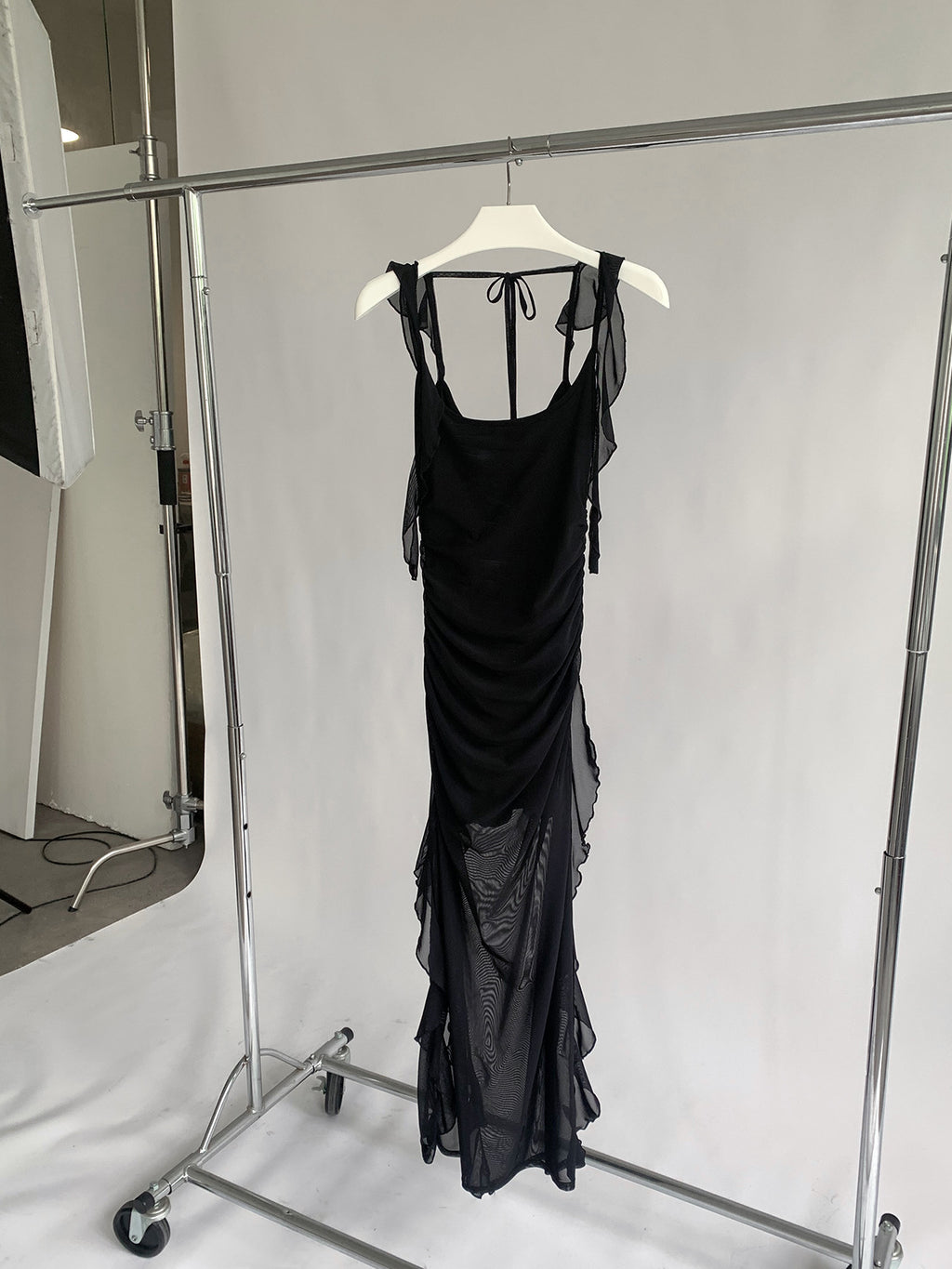 Side High Slit Ruffled Mesh Slip Dress