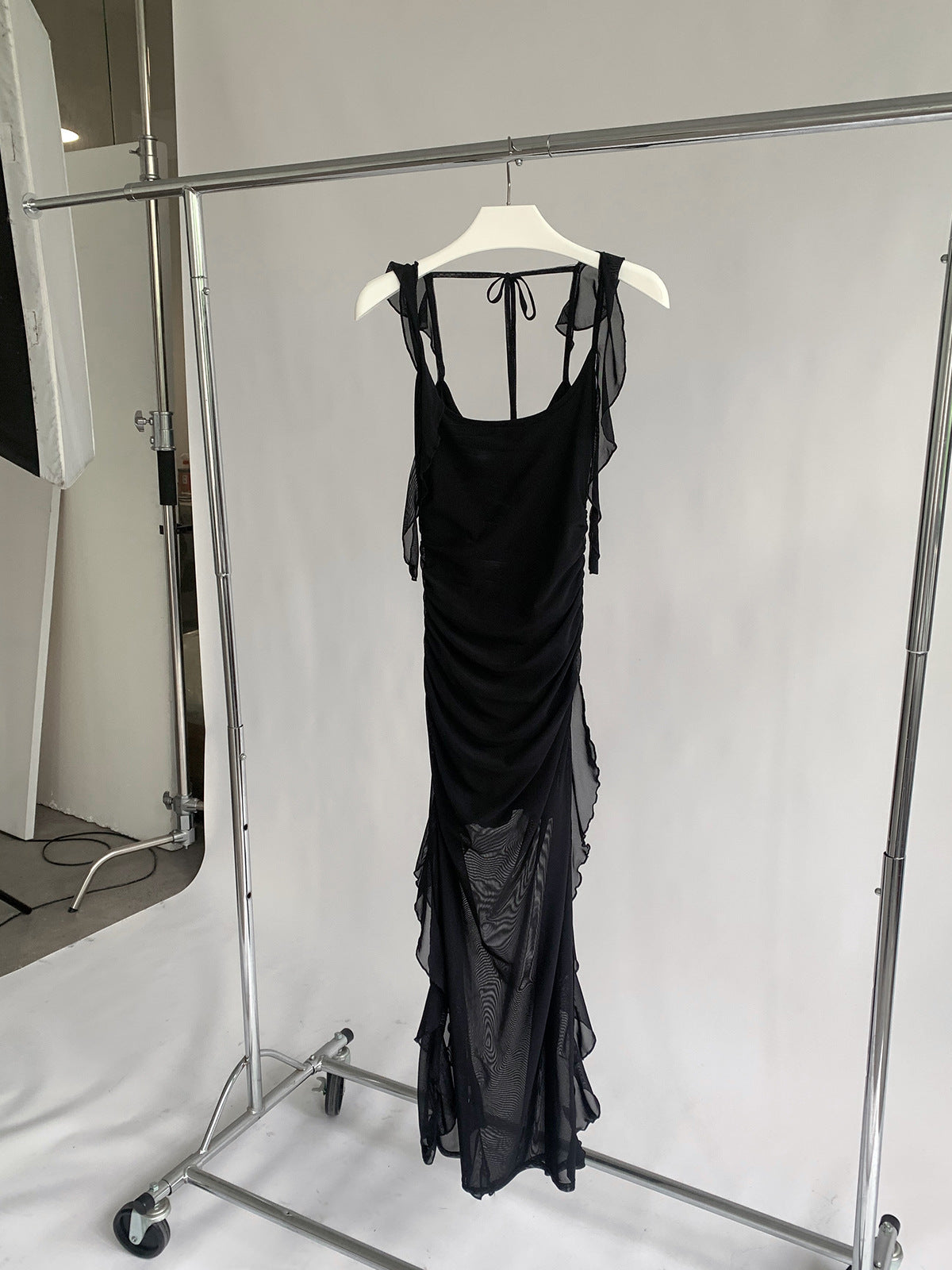 Side High Slit Ruffled Mesh Slip Dress