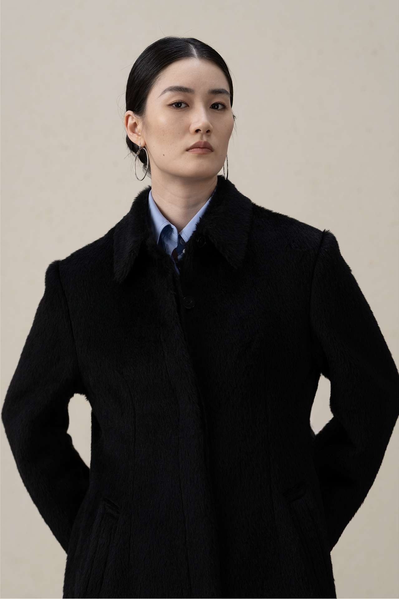 Suri Alpaca & Merino Wool Buttoned Shearling Long Coat
