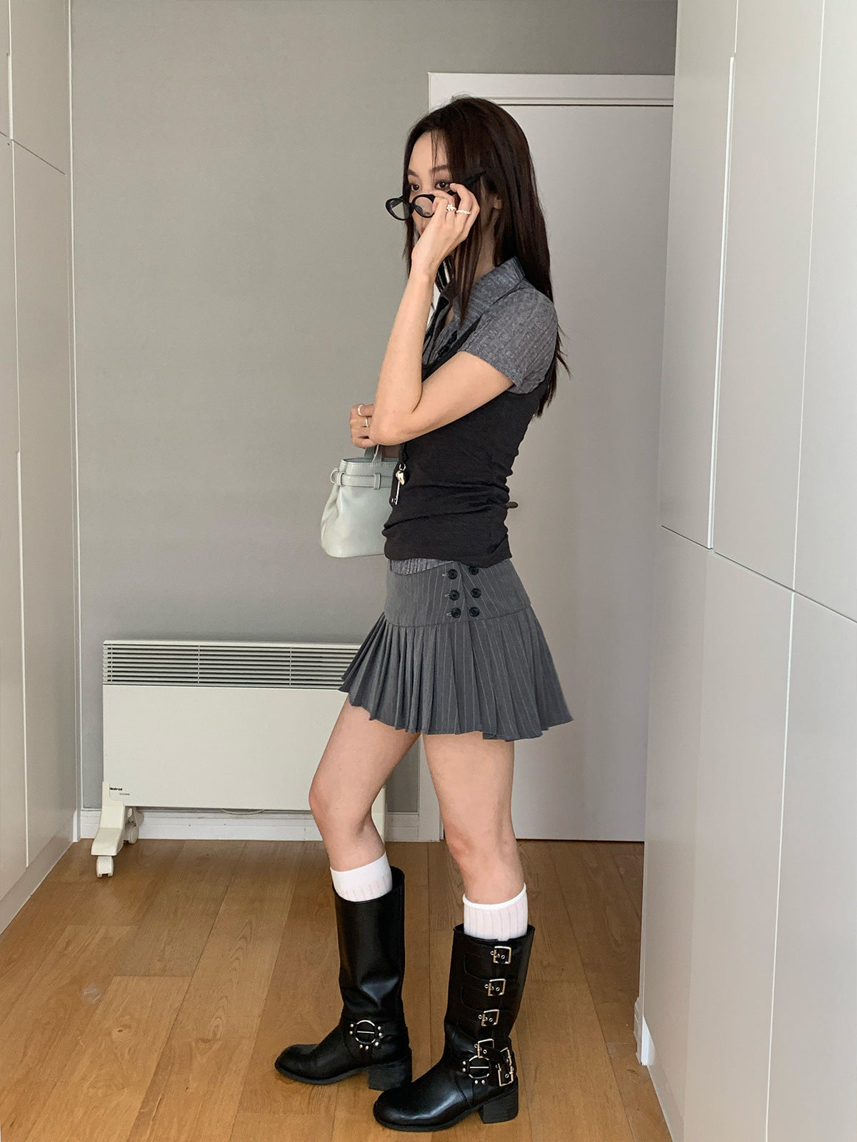 Low Waist Pleated Striped A-Line Skirt